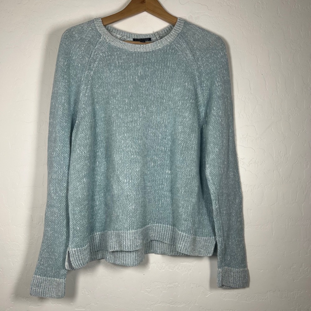 Eileen Fisher Organic Linen Cotton Marled Knit Sweater Blue Large L Raglan Crew